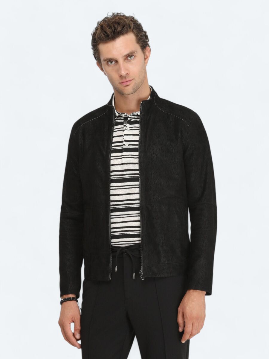 Black Regular Fit Turtleneck Smart Casual Leather Double-Sided Leather Coat - 2