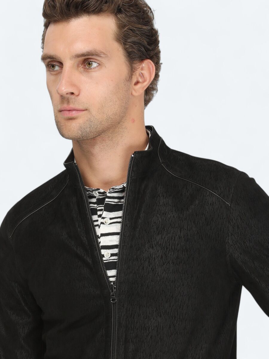 Black Regular Fit Turtleneck Smart Casual Leather Double-Sided Leather Coat - 8