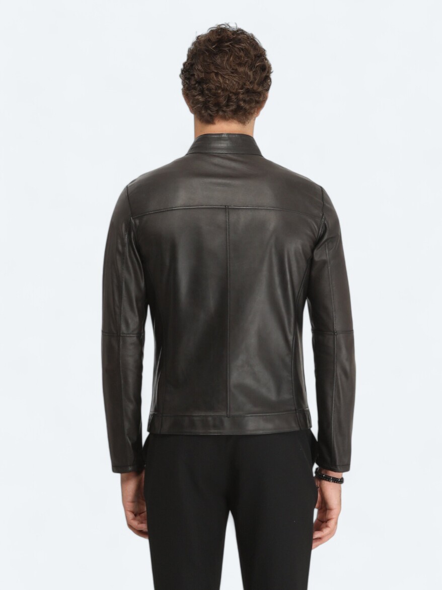 Black Regular Fit Turtleneck Smart Casual Leather Double-Sided Leather Coat - 9
