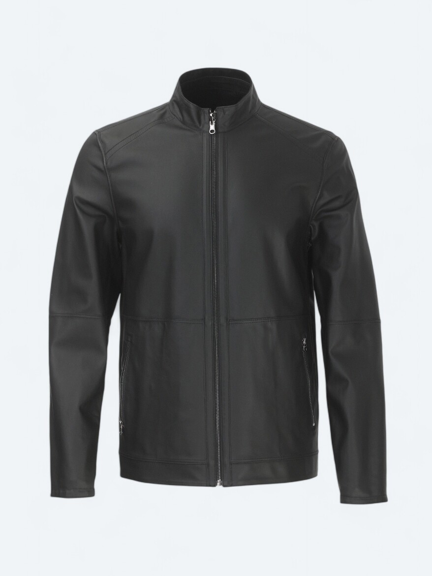Black Regular Fit Turtleneck Smart Casual Leather Double-Sided Leather Coat - 12