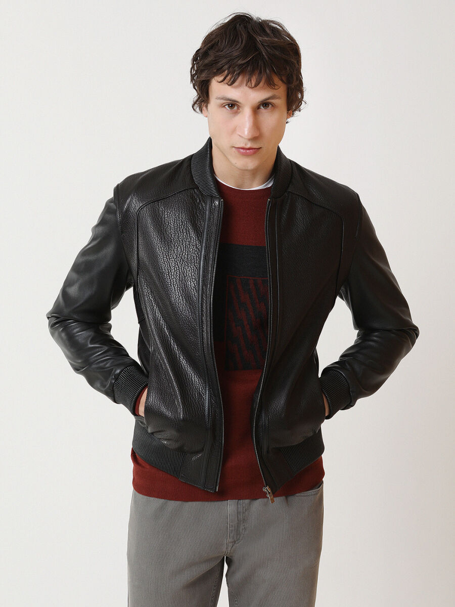Black Regular Fit Turtleneck Smart Casual Leather Leather Coat - 1