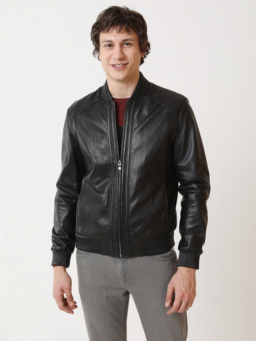 Black Regular Fit Turtleneck Smart Casual Leather Leather Coat - 5