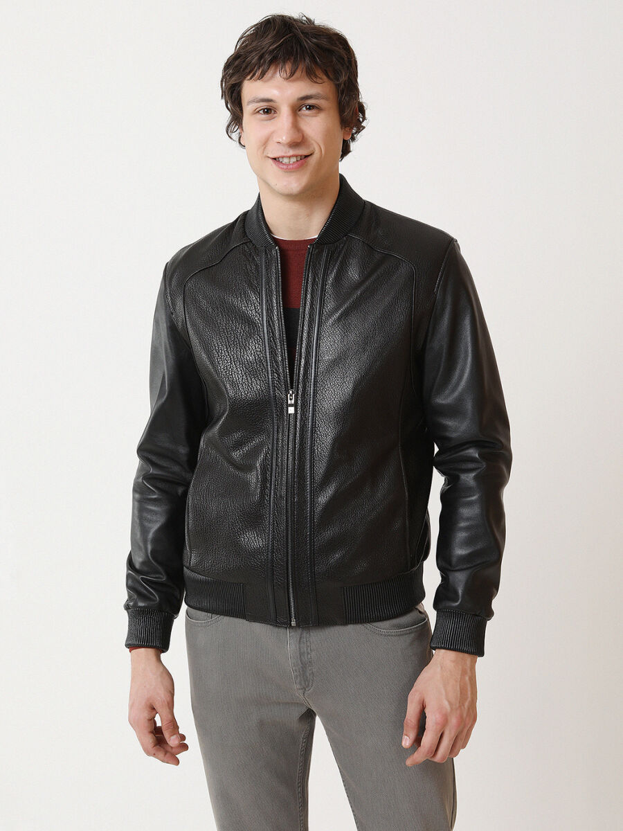 Black Regular Fit Turtleneck Smart Casual Leather Leather Coat - 5