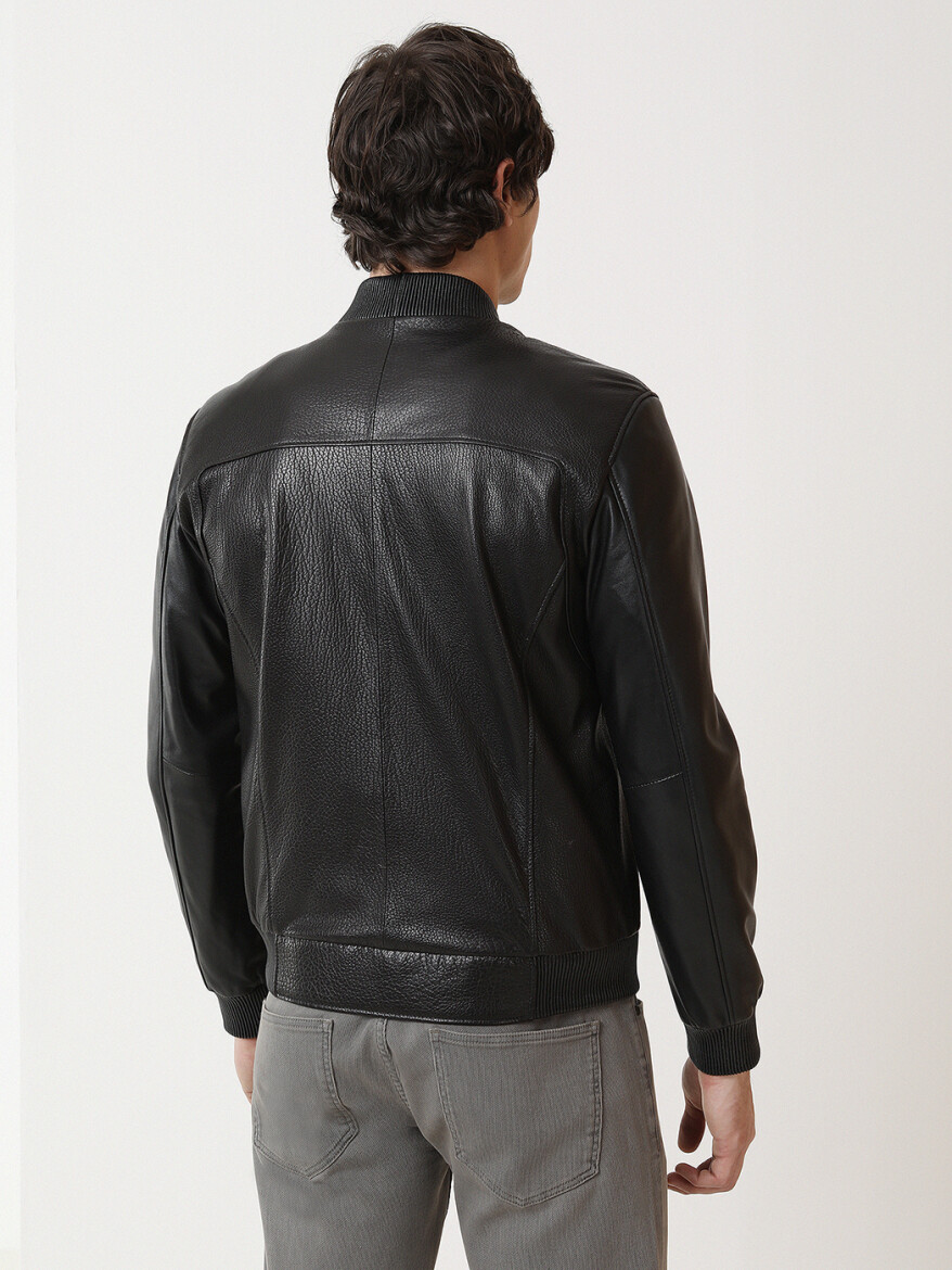 Black Regular Fit Turtleneck Smart Casual Leather Leather Coat - 7