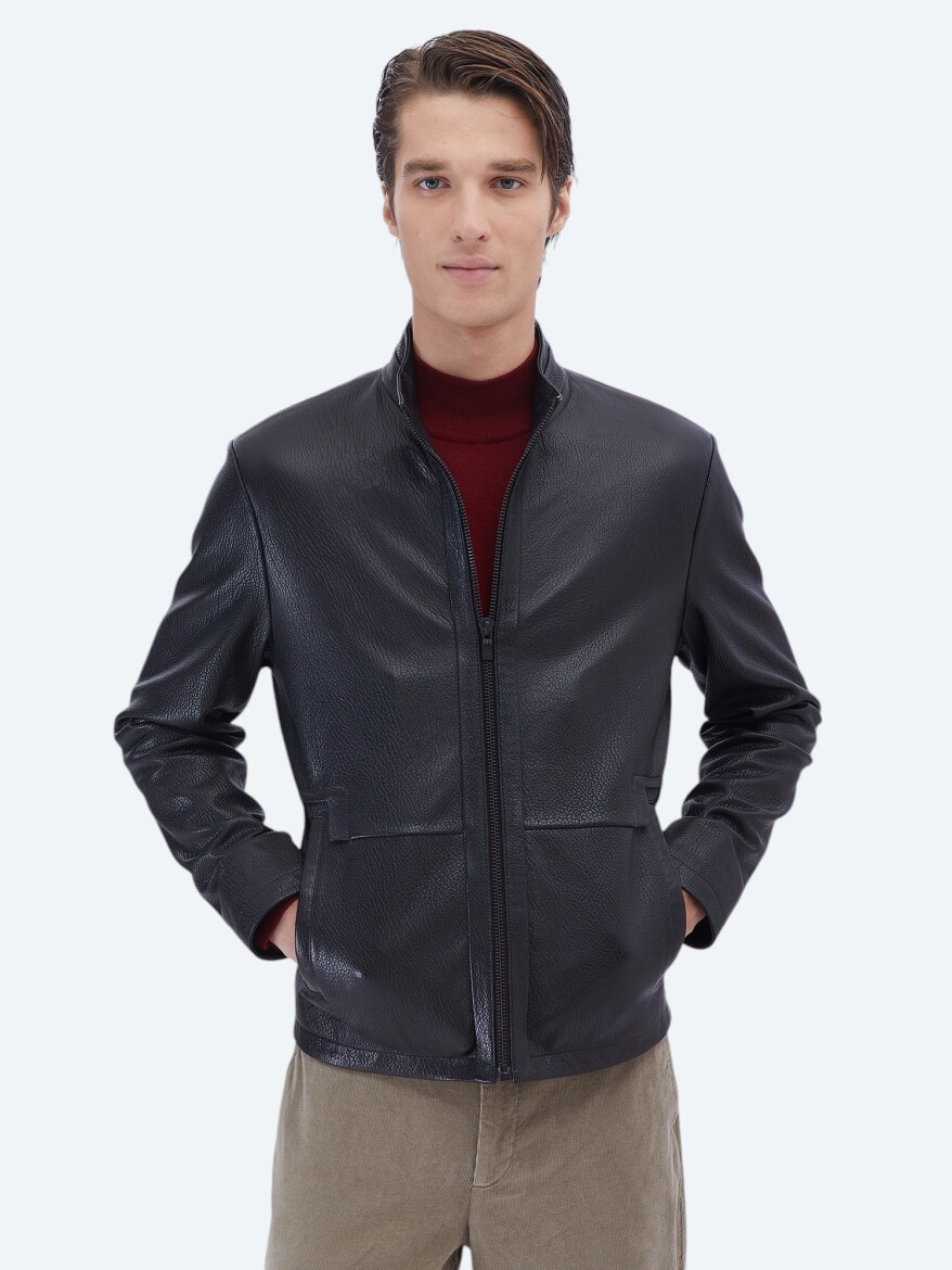 Black Regular Fit Turtleneck Smart Casual Sheep Leather Leather Coat - 1