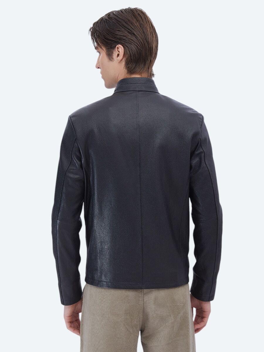 Black Regular Fit Turtleneck Smart Casual Sheep Leather Leather Coat - 7