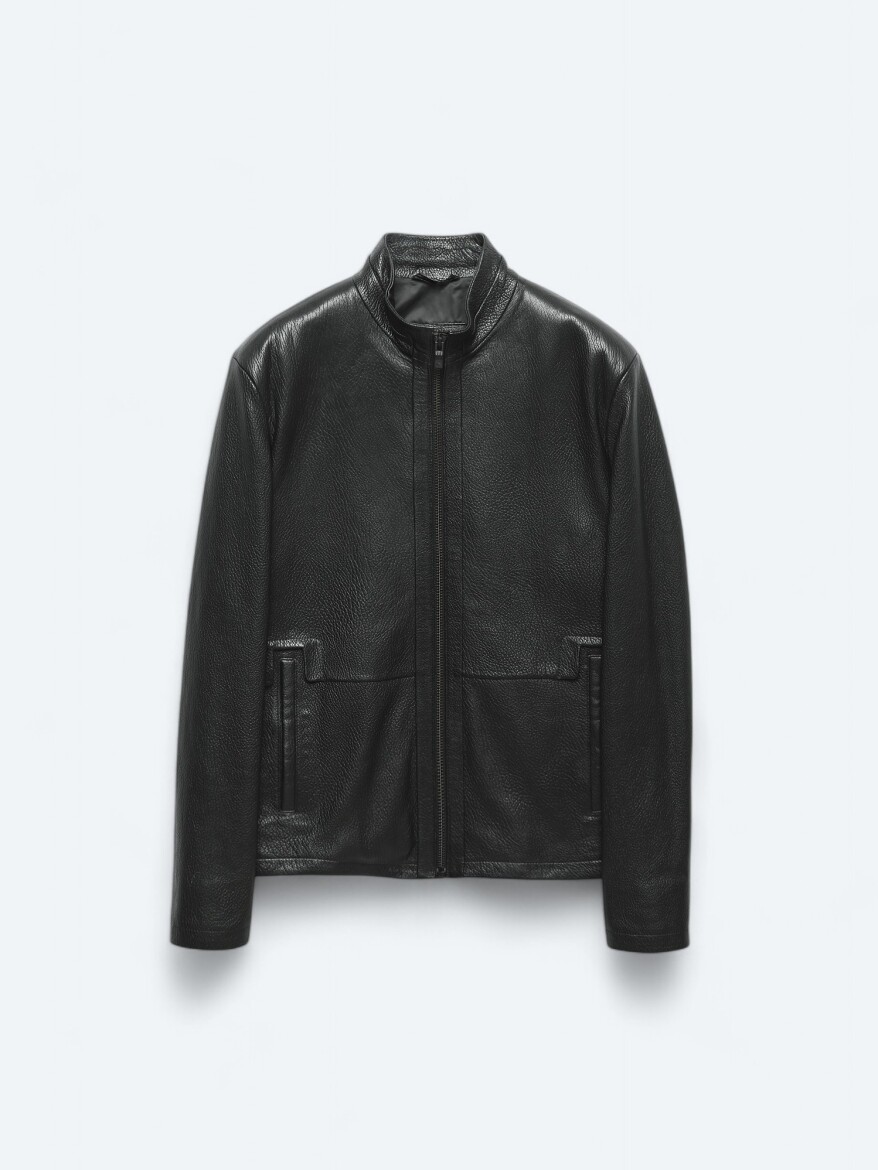 Black Regular Fit Turtleneck Smart Casual Sheep Leather Leather Coat - 8