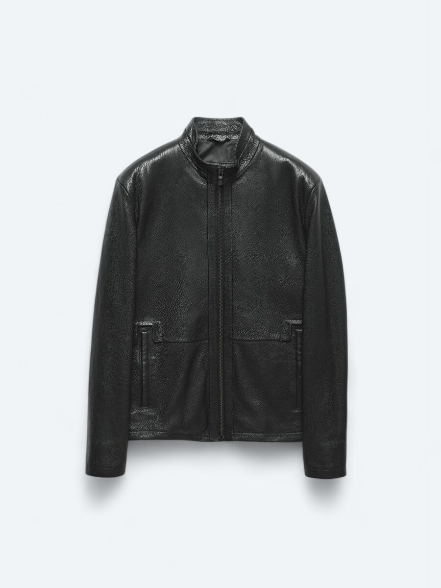 Black Regular Fit Turtleneck Smart Casual Sheep Leather Leather Coat - 8