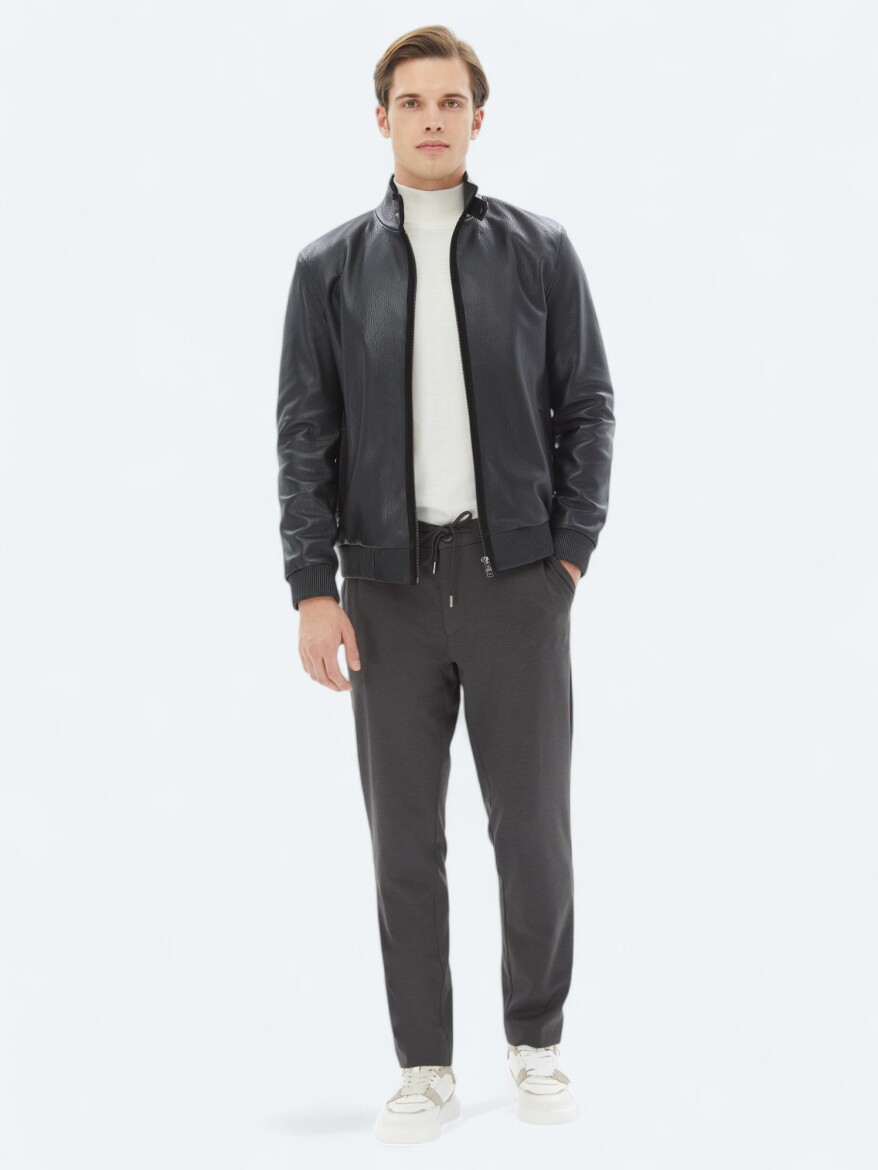 Black Regular Fit Turtleneck Smart Casual Sheep Leather Leather Coat - KİP