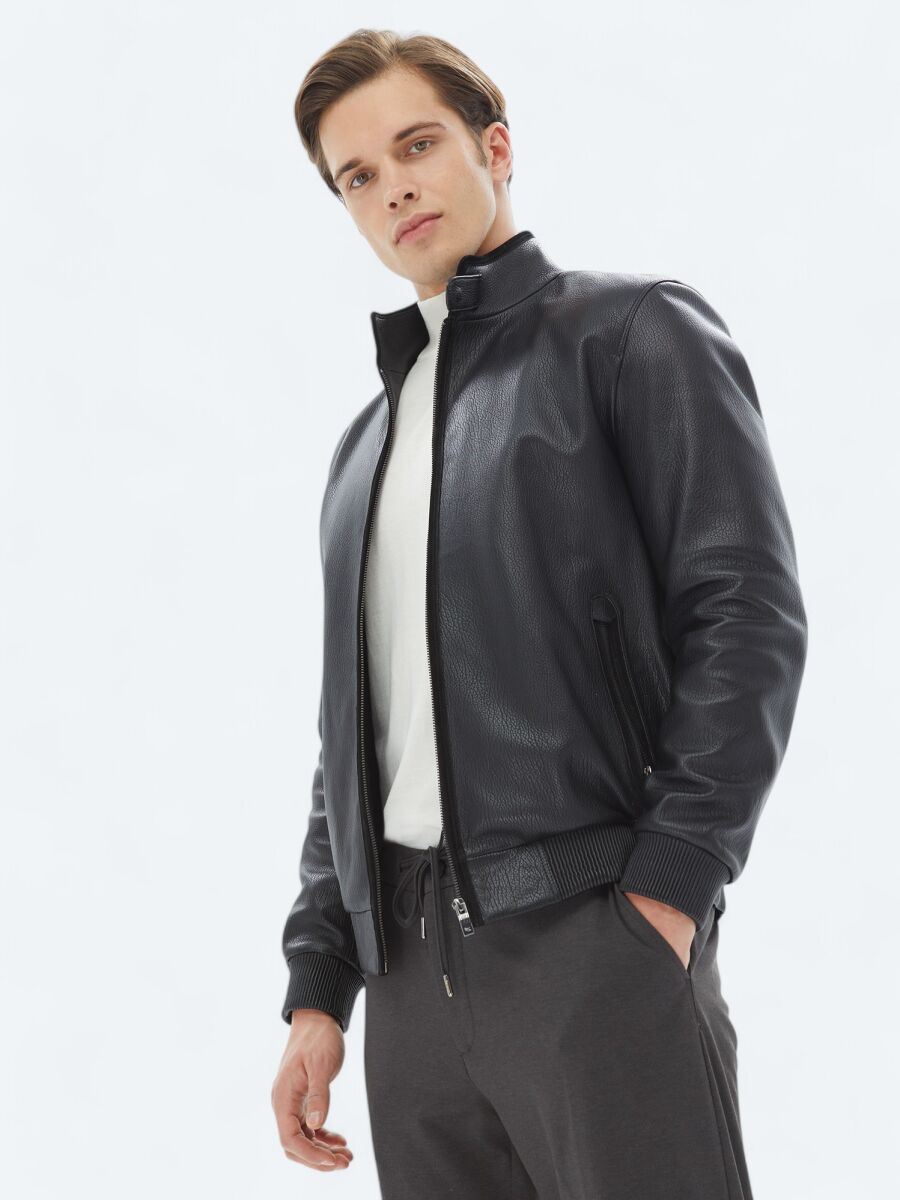 Black Regular Fit Turtleneck Smart Casual Sheep Leather Leather Coat - 3