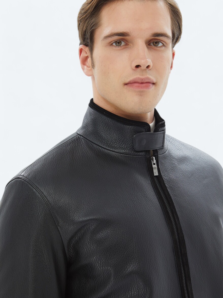Black Regular Fit Turtleneck Smart Casual Sheep Leather Leather Coat - 6