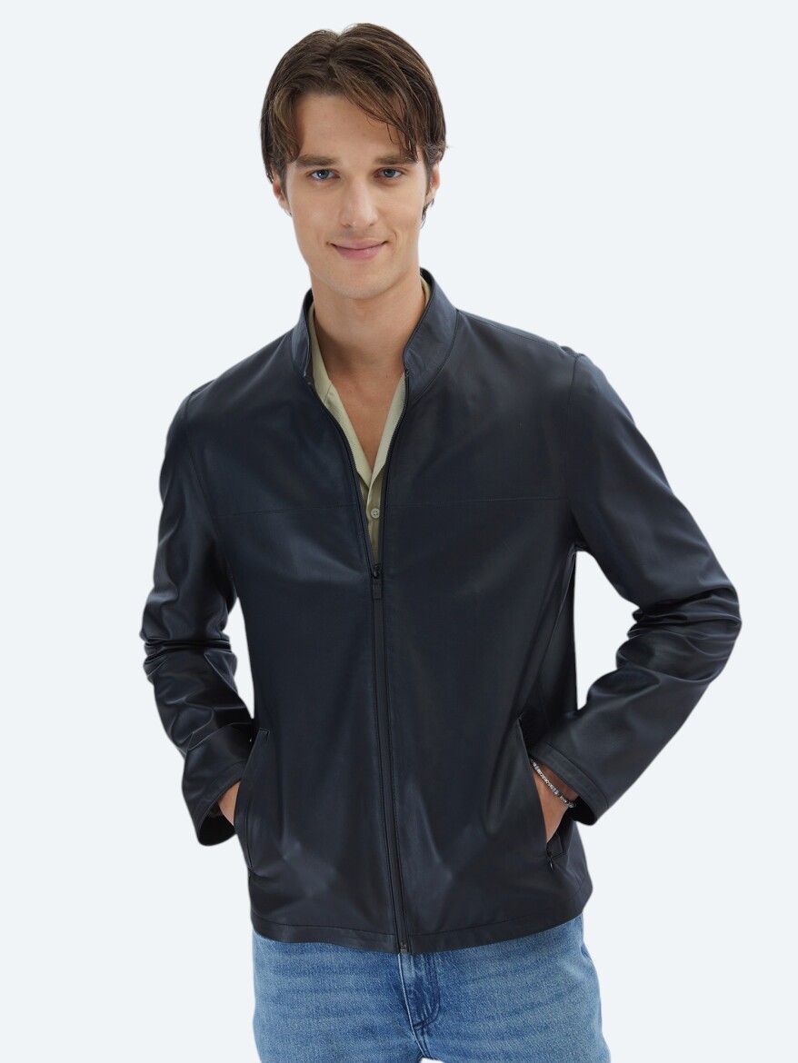 Black Regular Fit Turtleneck Smart Casual Sheep Leather Leather Coat - KİP