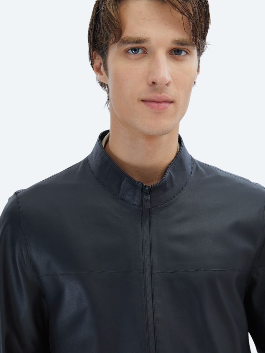 Black Regular Fit Turtleneck Smart Casual Sheep Leather Leather Coat - 4