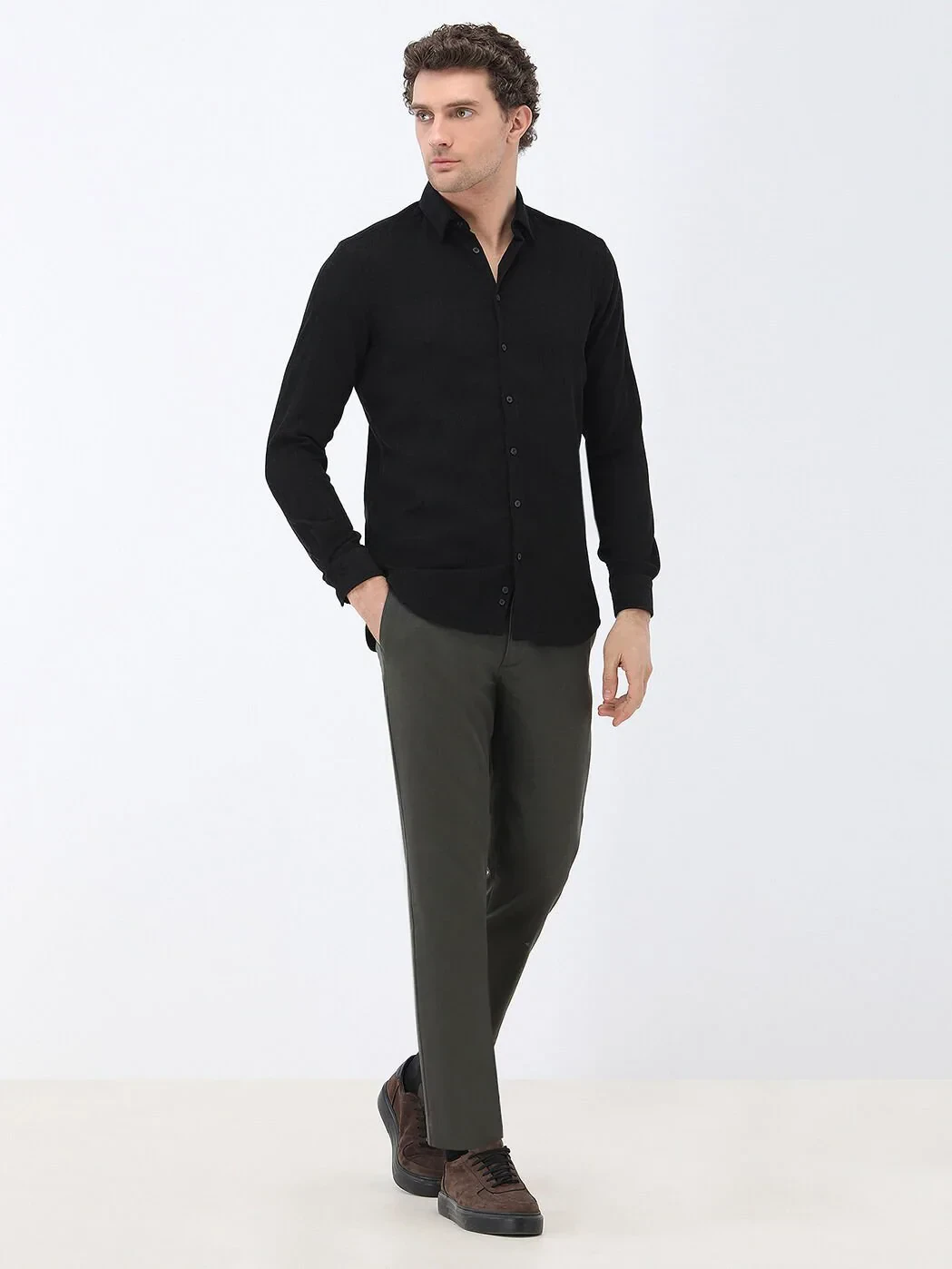 Black Regular Fit Weaving Casual Cotton Blended Shirt - 2