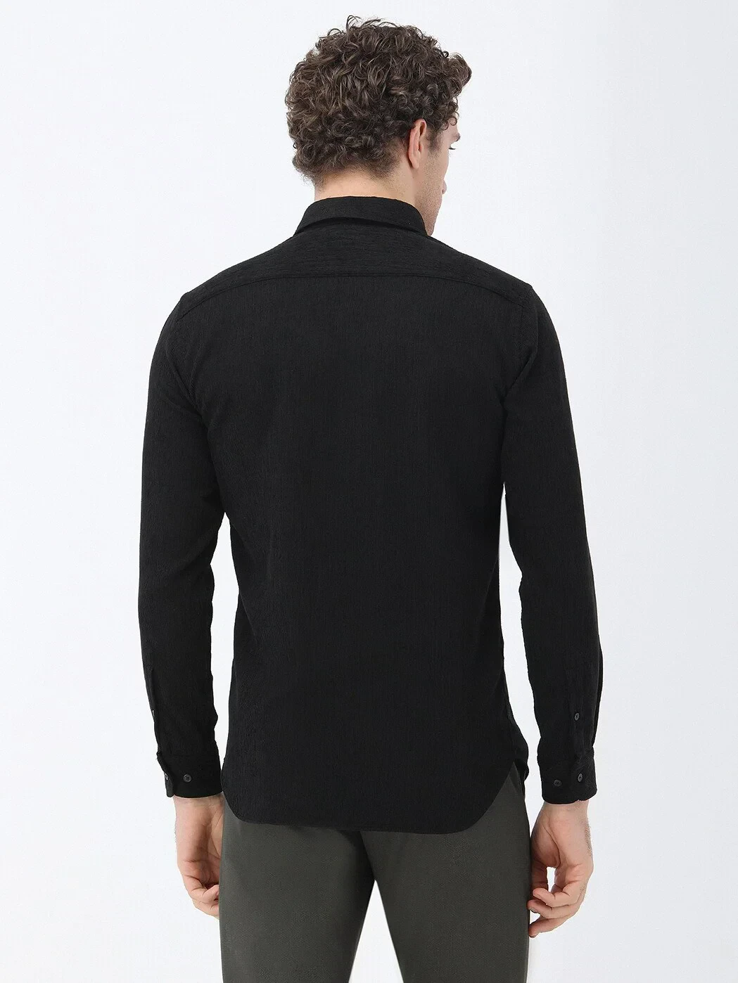 Black Regular Fit Weaving Casual Cotton Blended Shirt - 4