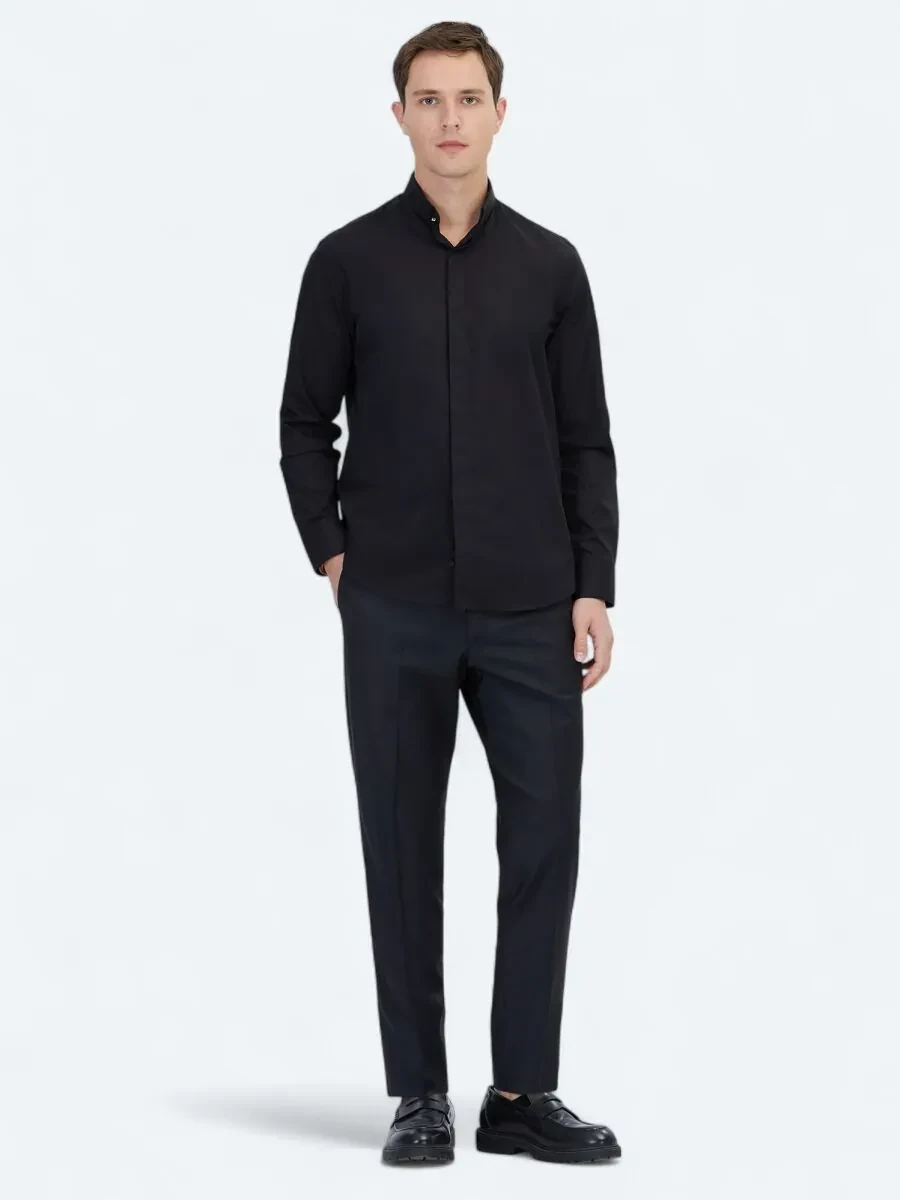 Black Regular Fit Weaving Classical 100% Cotton Shirt - 2