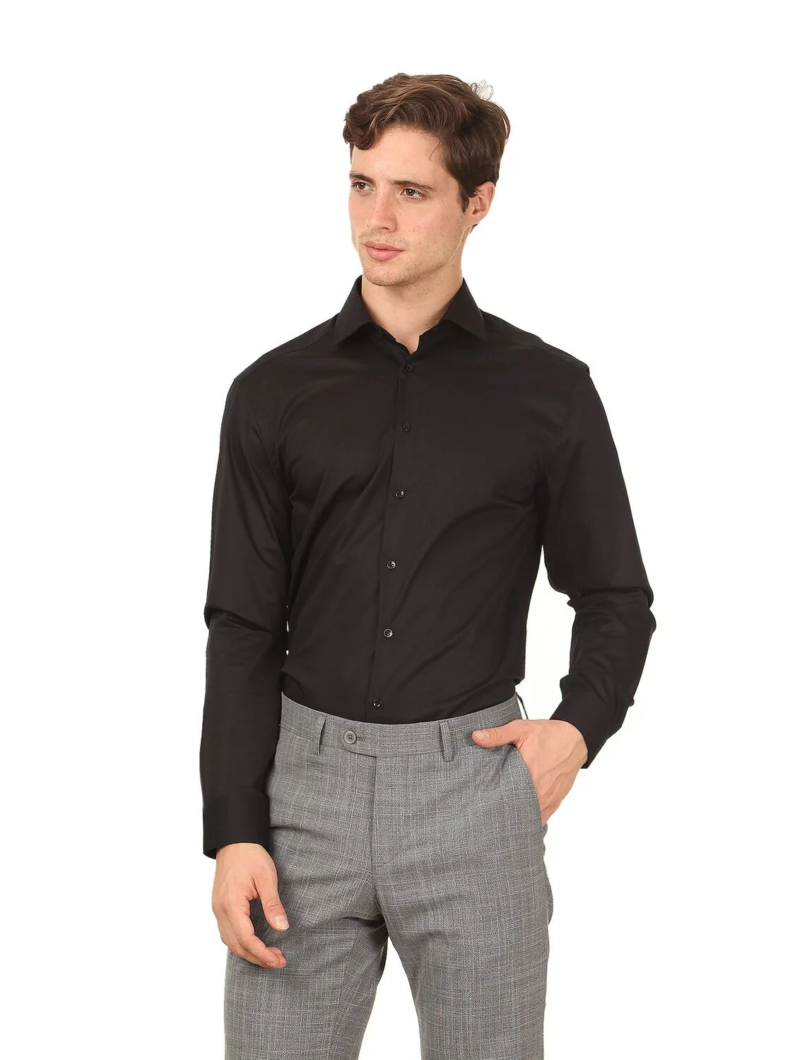 Black Regular Fit Weaving Classical Cotton Blended Shirt - 1