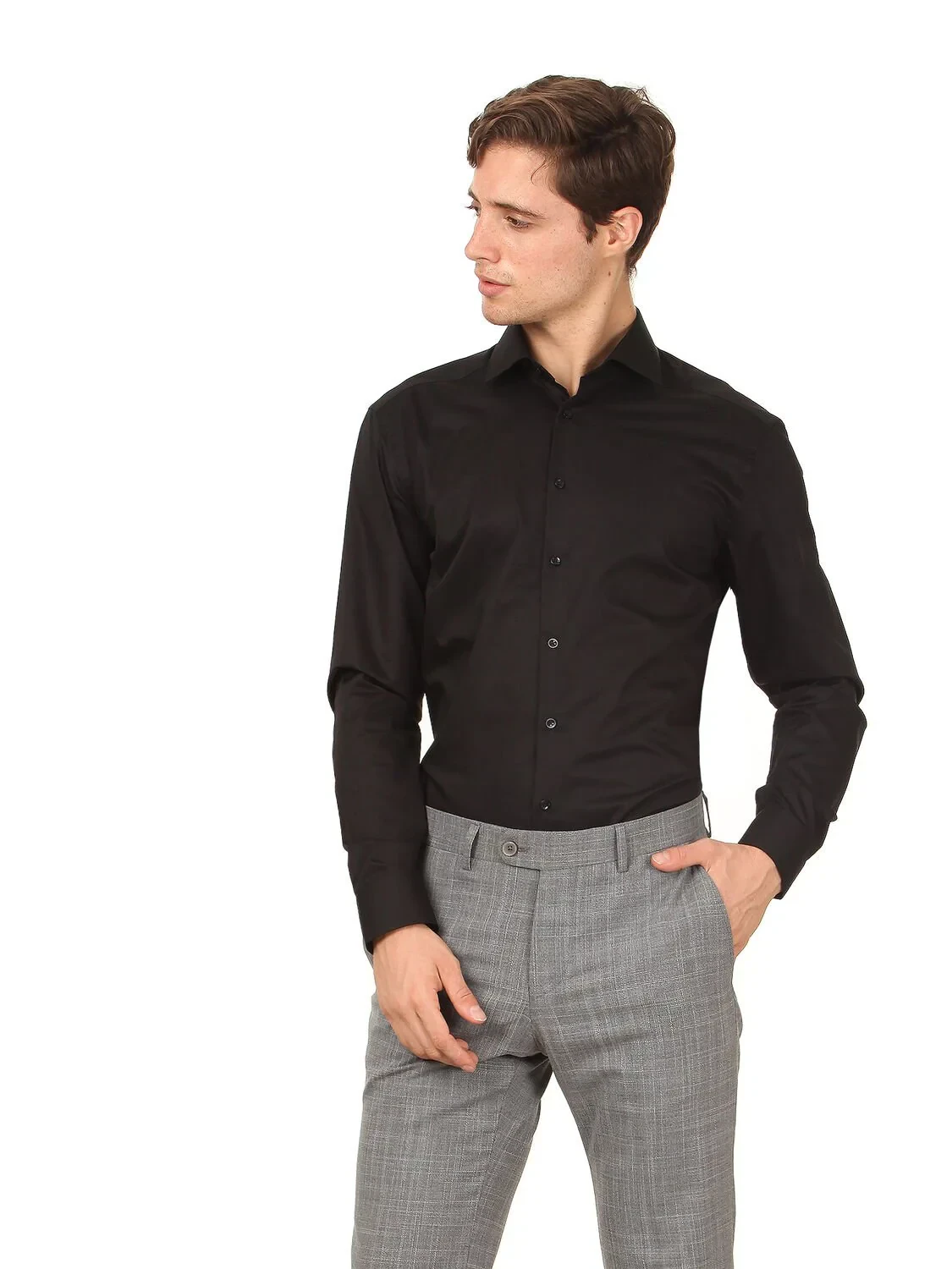 Black Regular Fit Weaving Classical Cotton Blended Shirt - 3