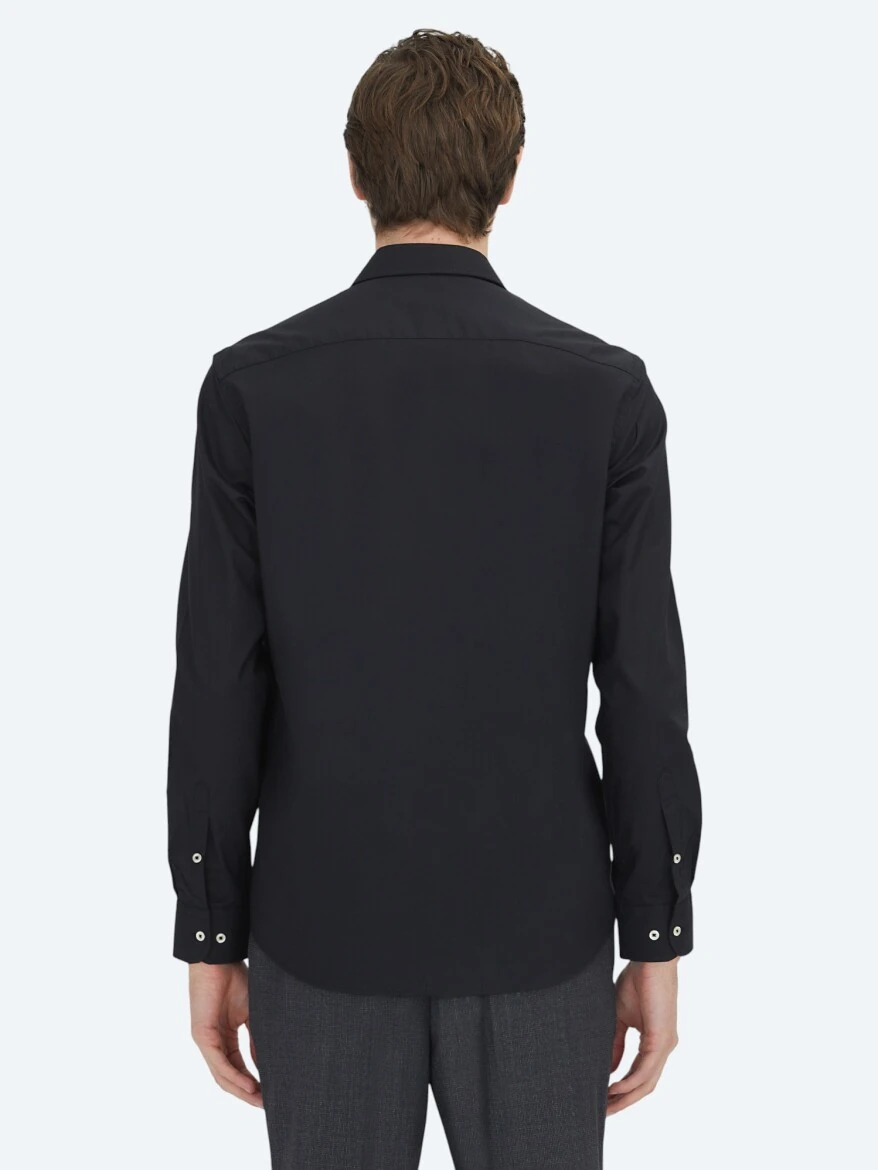 Black Regular Fit Weaving Classical Cotton Blended Shirt - 5