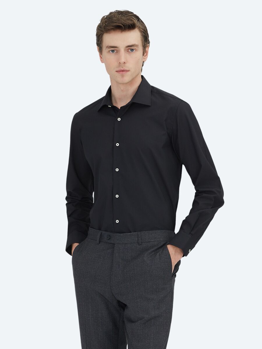 Black Regular Fit Weaving Classical Cotton Blended Shirt - 1