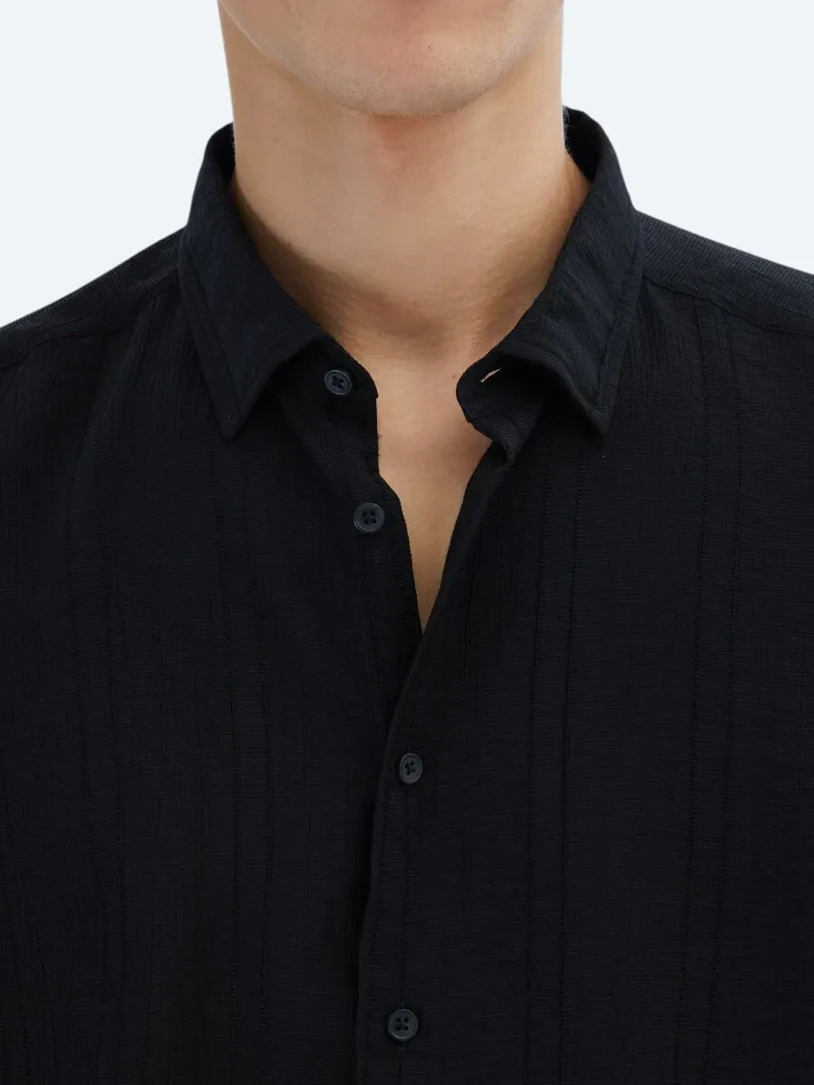 Black Regular Fit Weaving Classical Shirt - 4