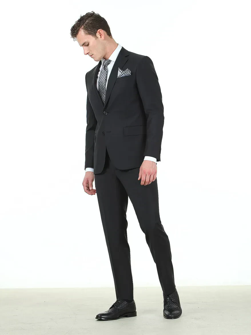Black Regular Fit Wool Blended Suit - 2
