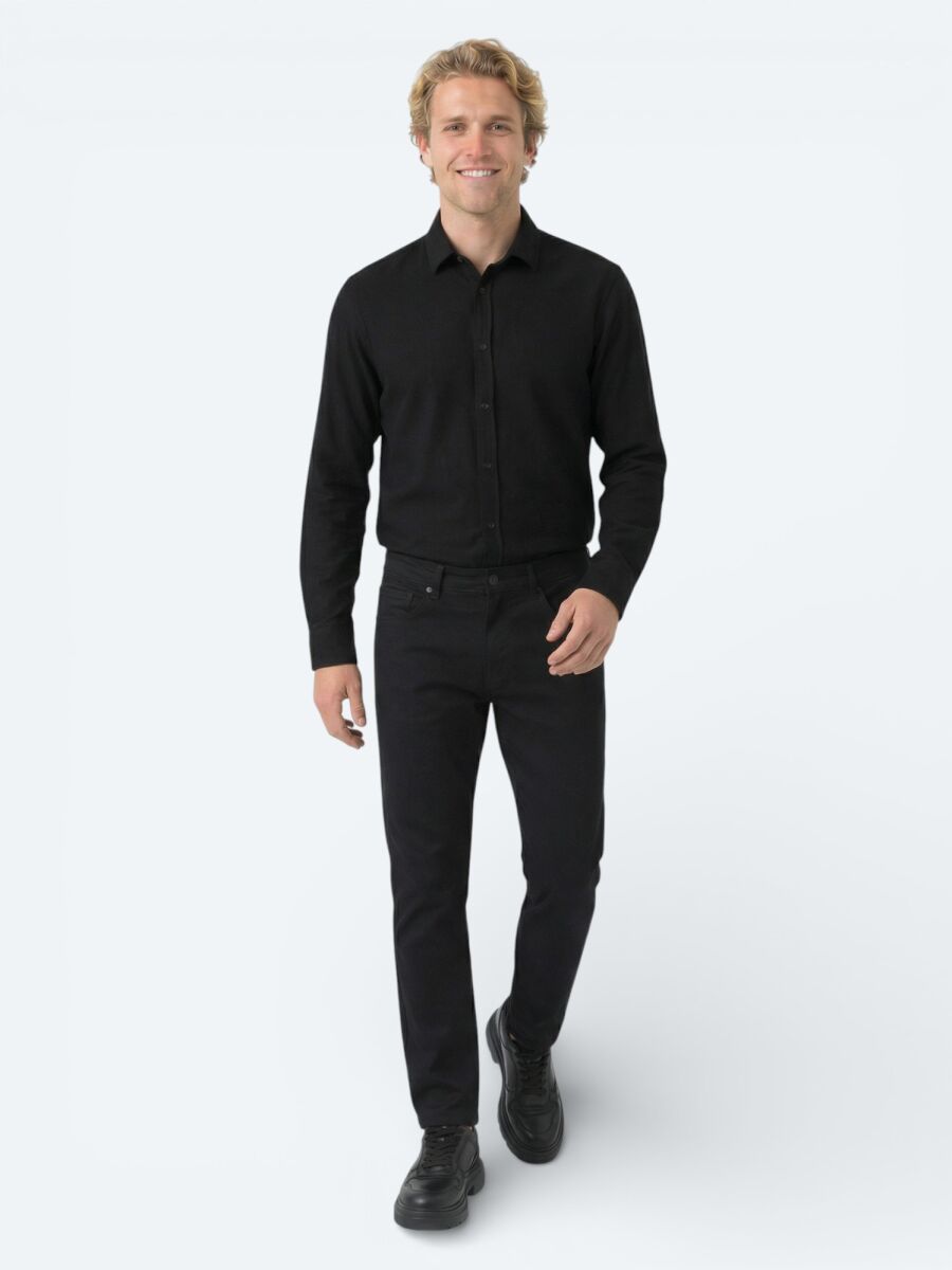 Black Ribbed Regular Fit Long Weaving Casual 100% Cotton Shirt - 2