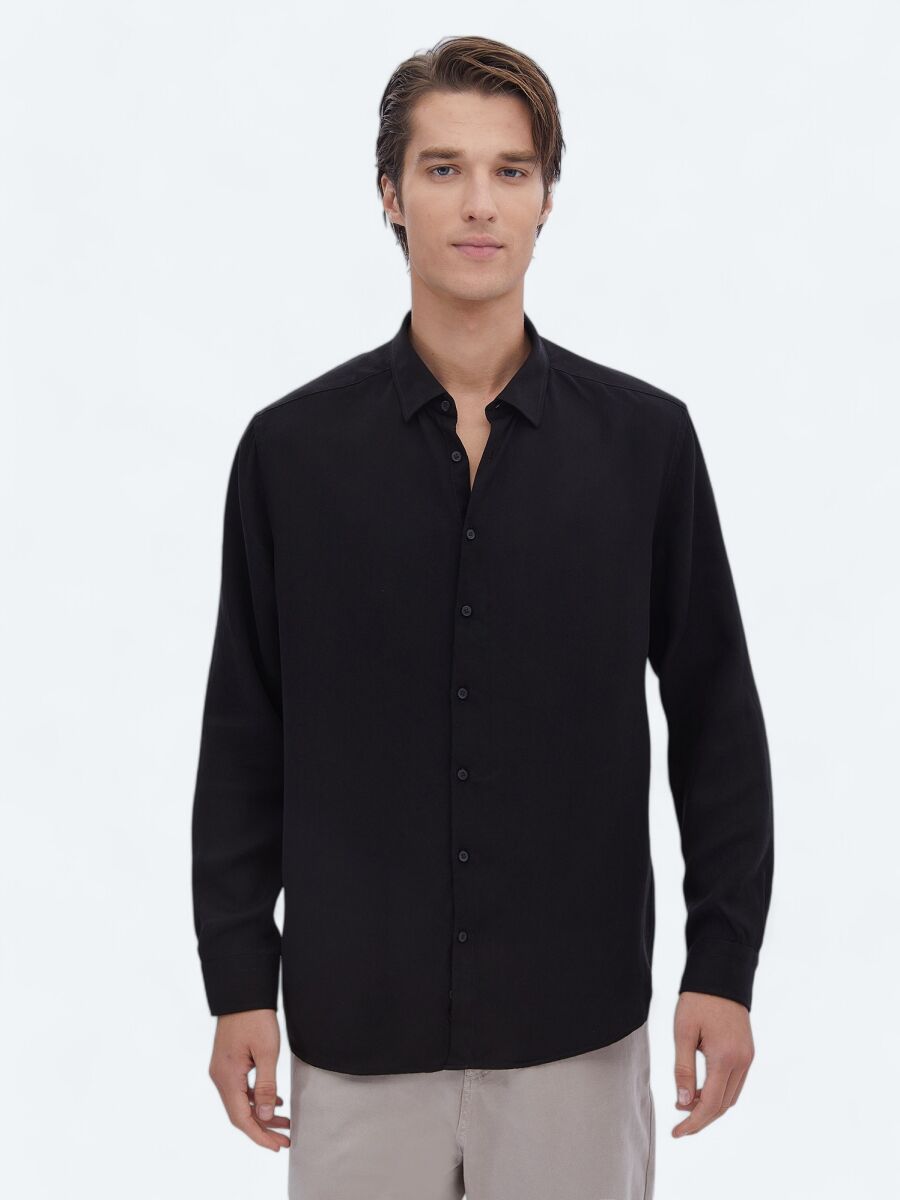 Black Ribbed Regular Fit Long Weaving Casual Shirt - 3