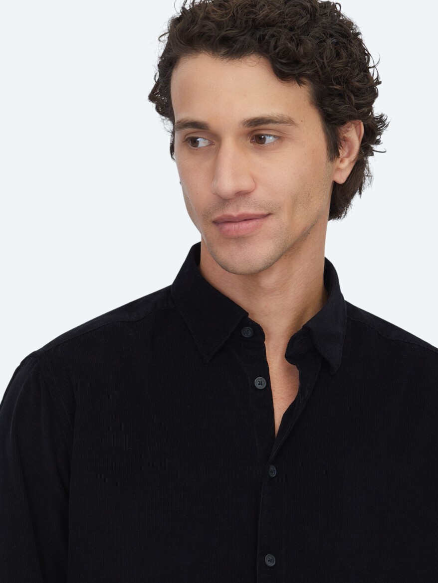 Black Ribbed Regular Fit Weaving Casual 100% Cotton Shirt - 3