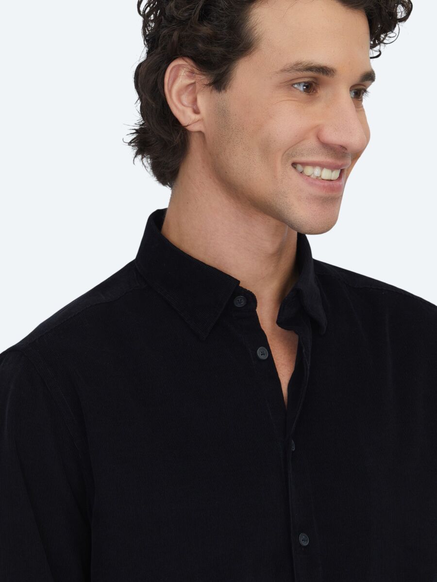 Black Ribbed Regular Fit Weaving Casual 100% Cotton Shirt - 4