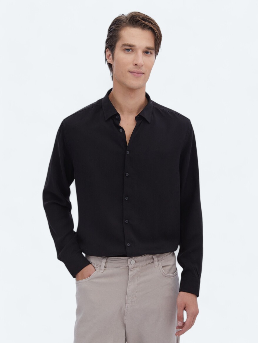 Black Ribbed Regular Fit Weaving Casual Shirt - 1