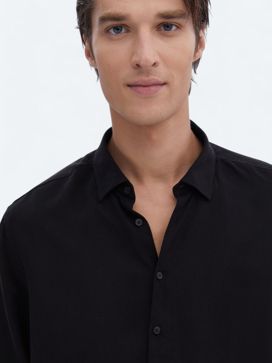 Black Ribbed Regular Fit Weaving Casual Shirt - 4