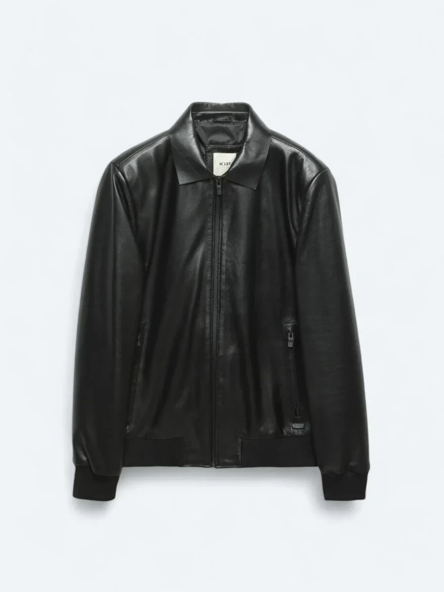 Black Round Collar Smart Casual Sheep Leather Leather Coat - 8