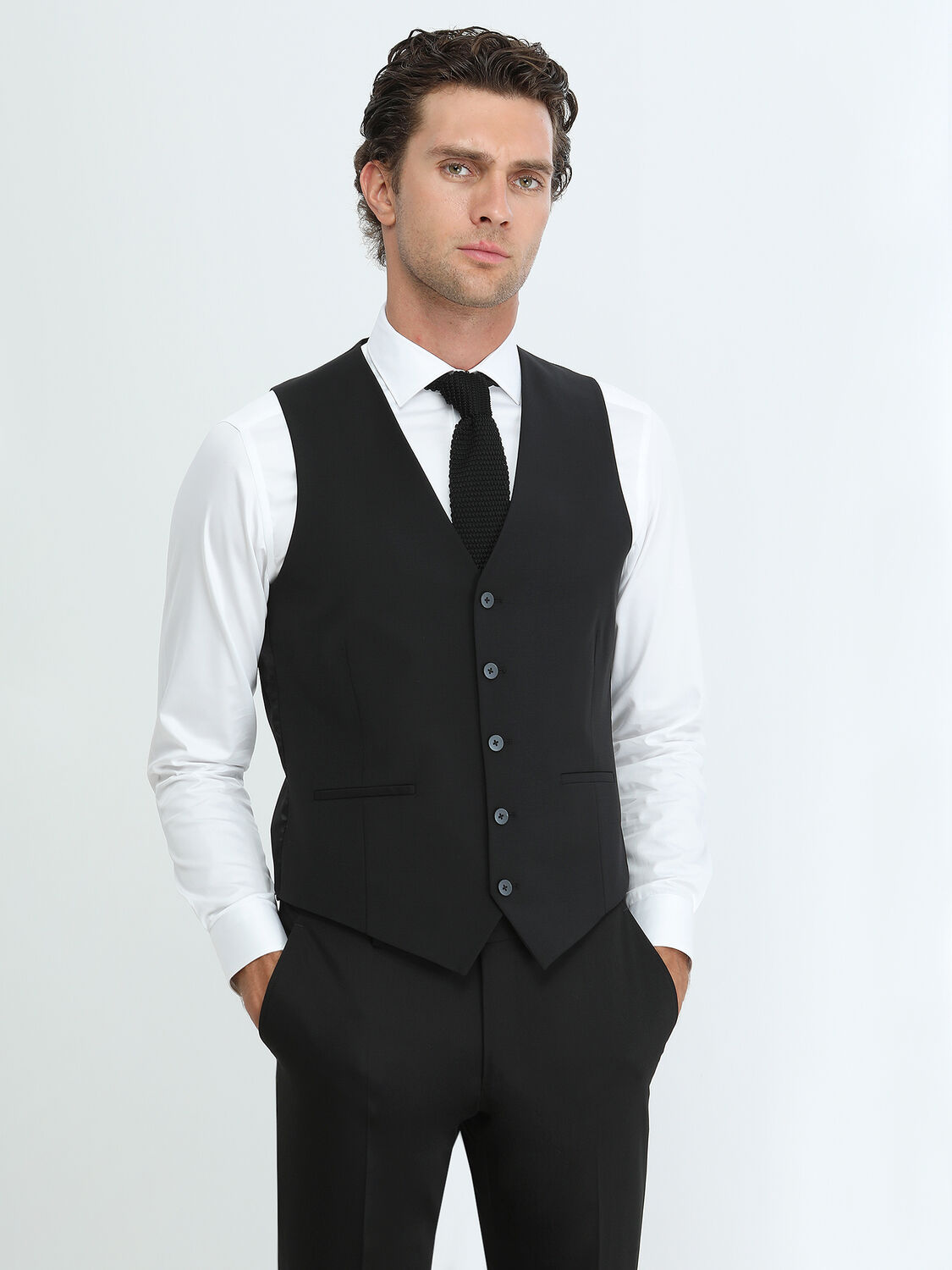 Black Slim Fit Butterfly Collar Classical Waistcoat - 1