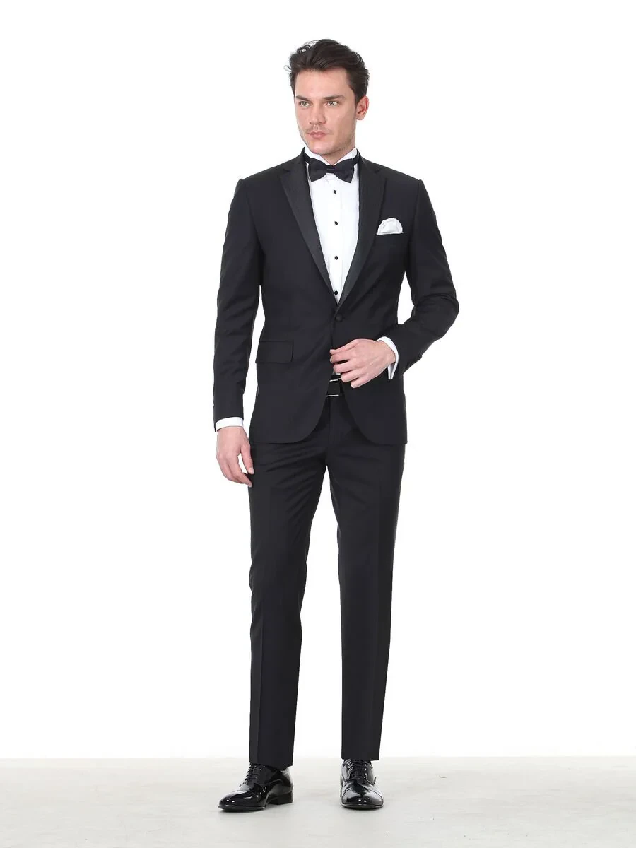 Black Slim Fit Butterfly Collar Weaving Tuxedo - 2