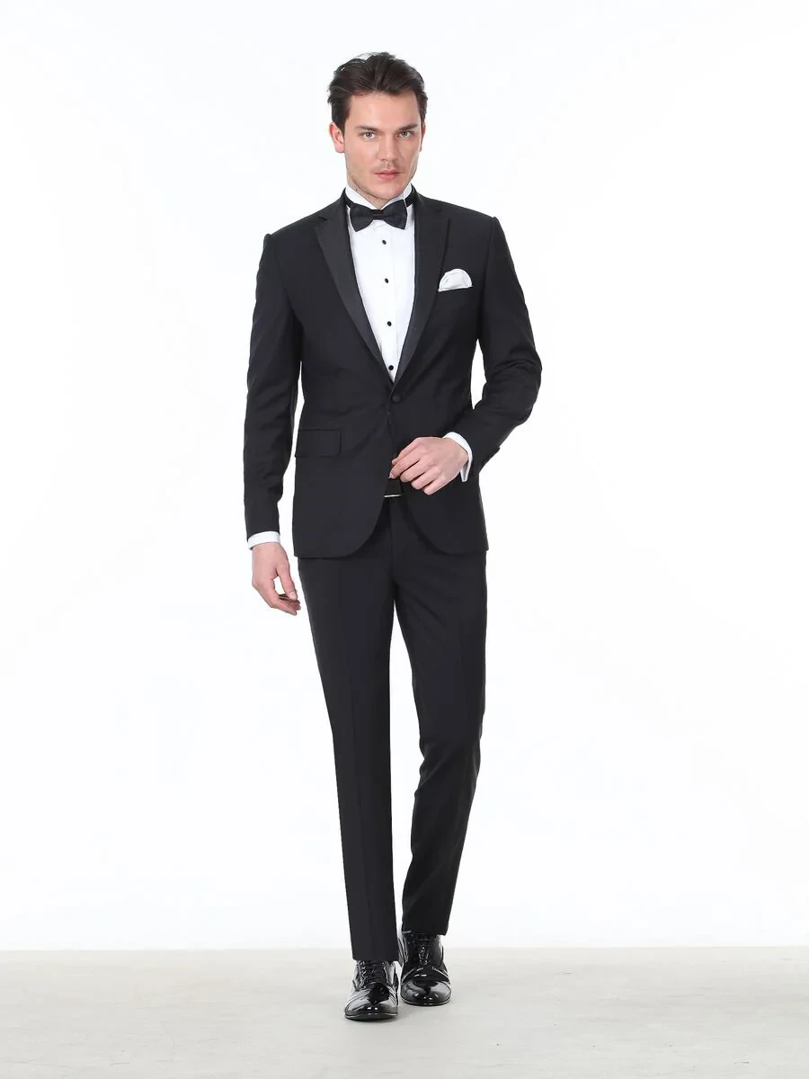 Black Slim Fit Butterfly Collar Weaving Tuxedo - 3