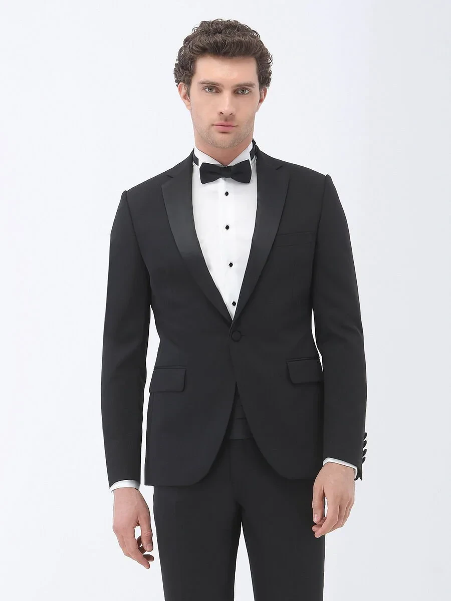 Black Slim Fit Butterfly Collar Weaving Tuxedo - 1