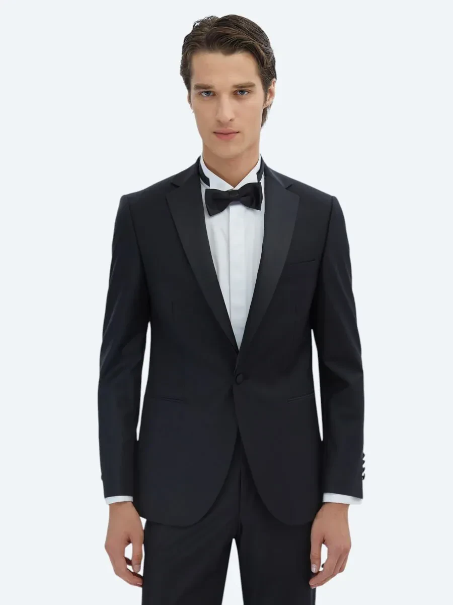 Black Slim Fit Butterfly Collar Weaving Tuxedo - 1