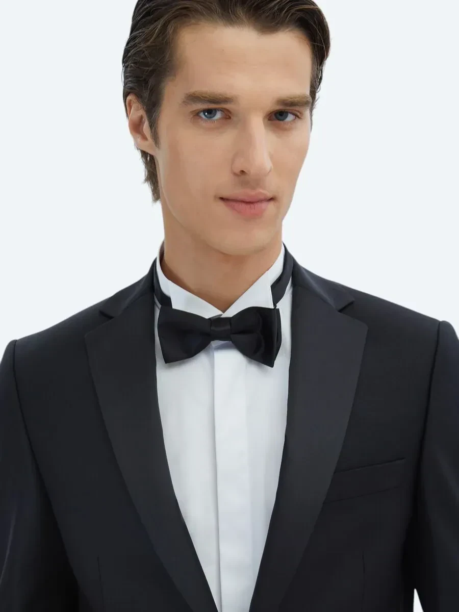 Black Slim Fit Butterfly Collar Weaving Tuxedo - 3