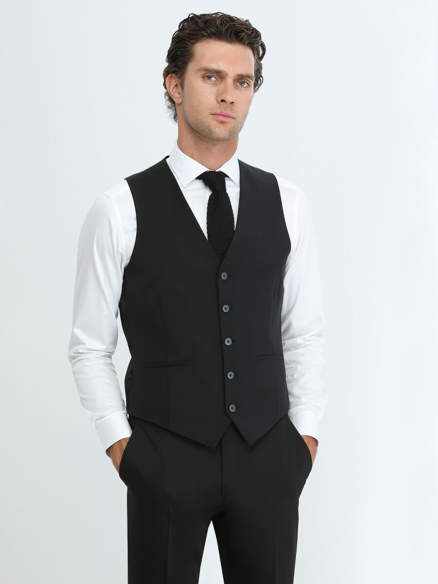 Black Slim Fit Classical Weaving Waistcoat - 1