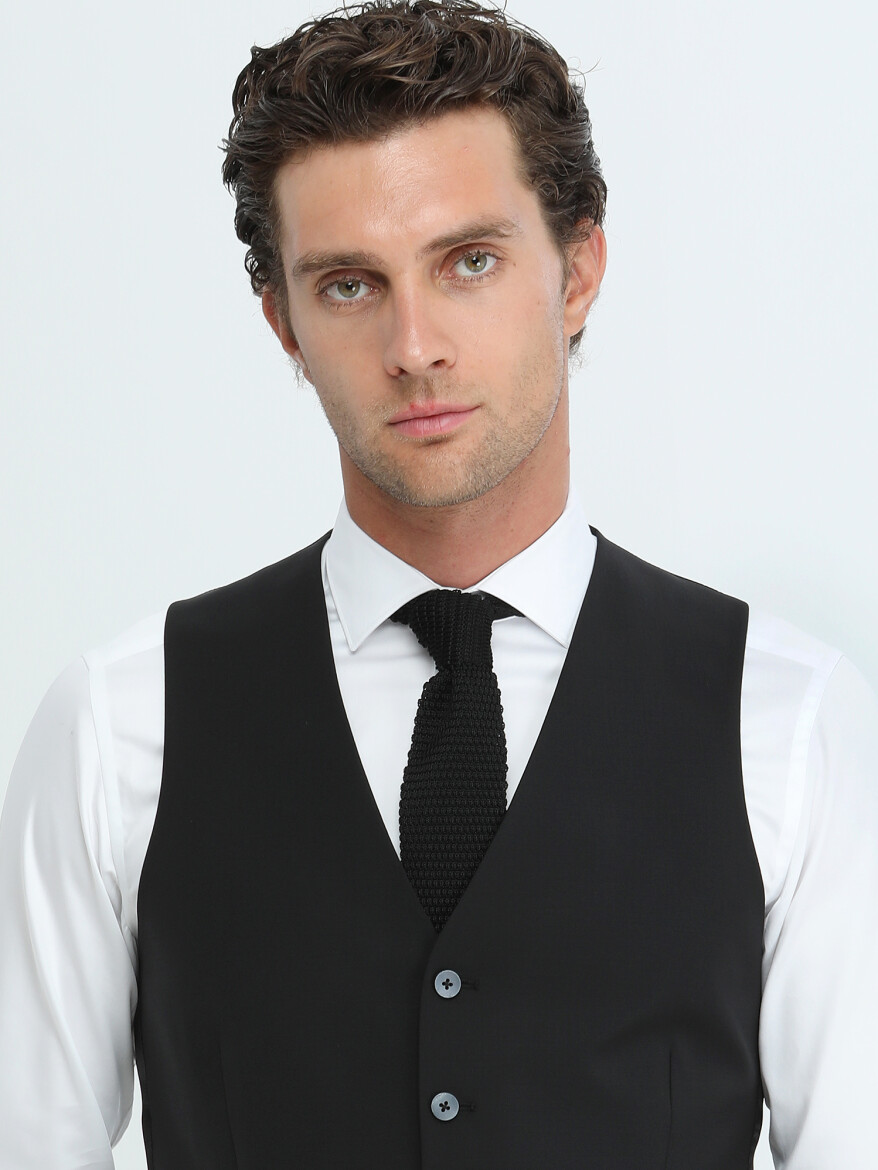 Black Slim Fit Classical Weaving Waistcoat - 3