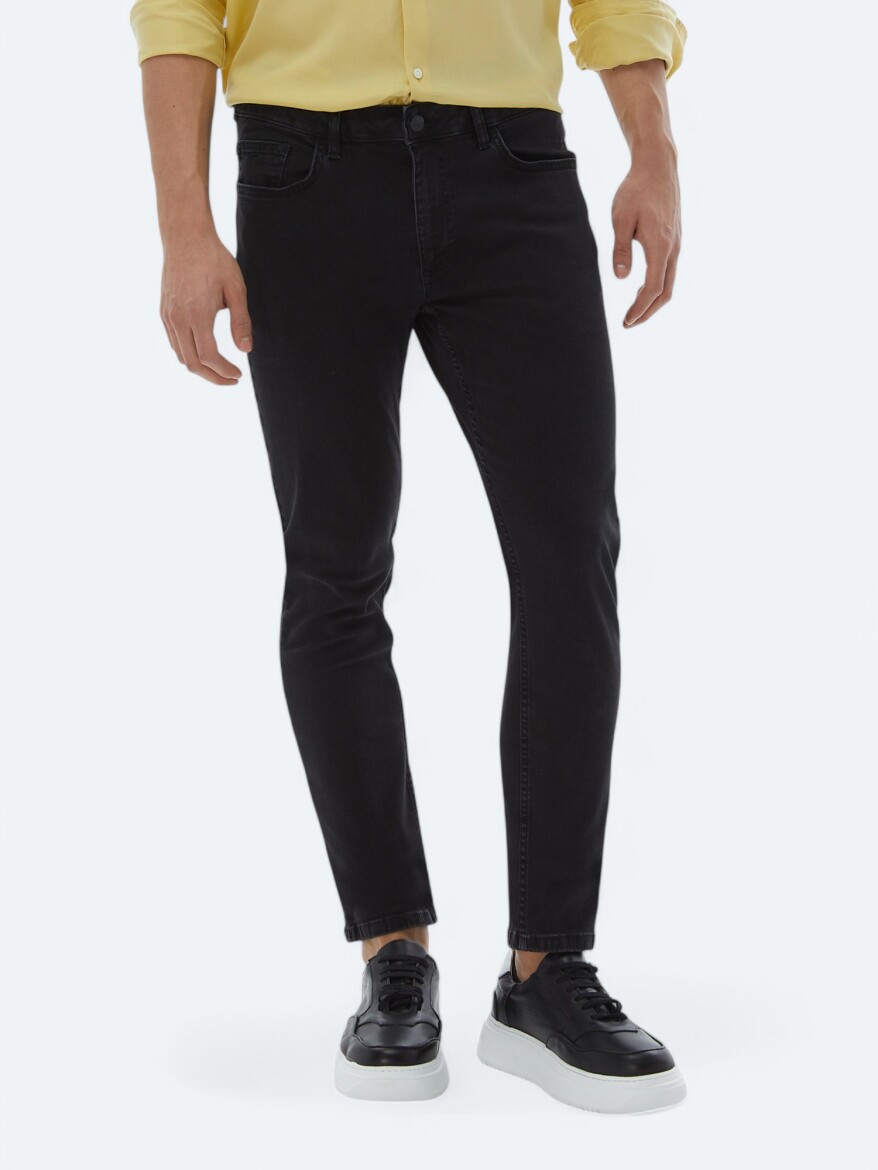 Black Slim Fit Denim Cotton Blended Trousers - KİP