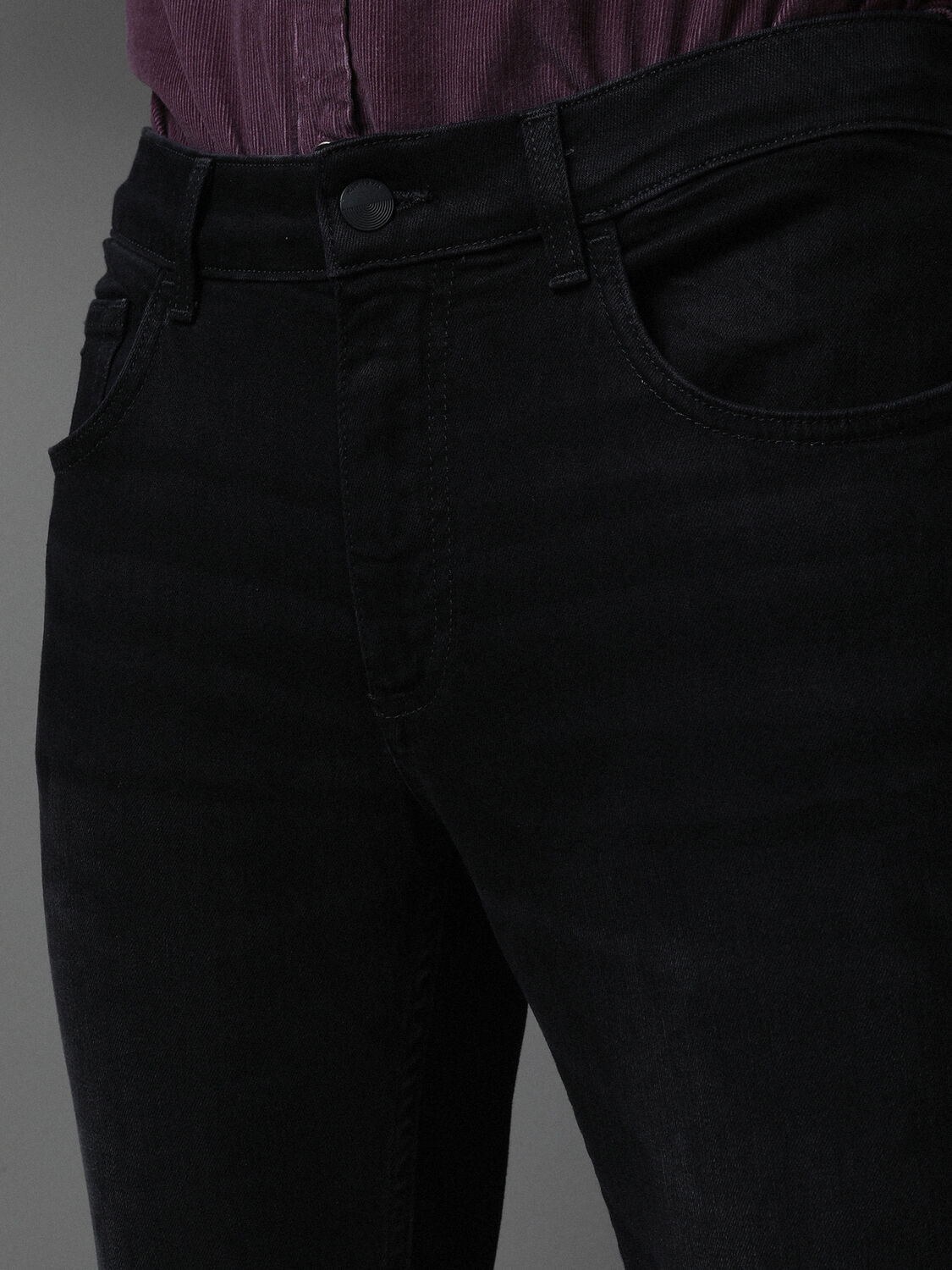 Black Slim Fit Denim Cotton Blended Trousers - 2