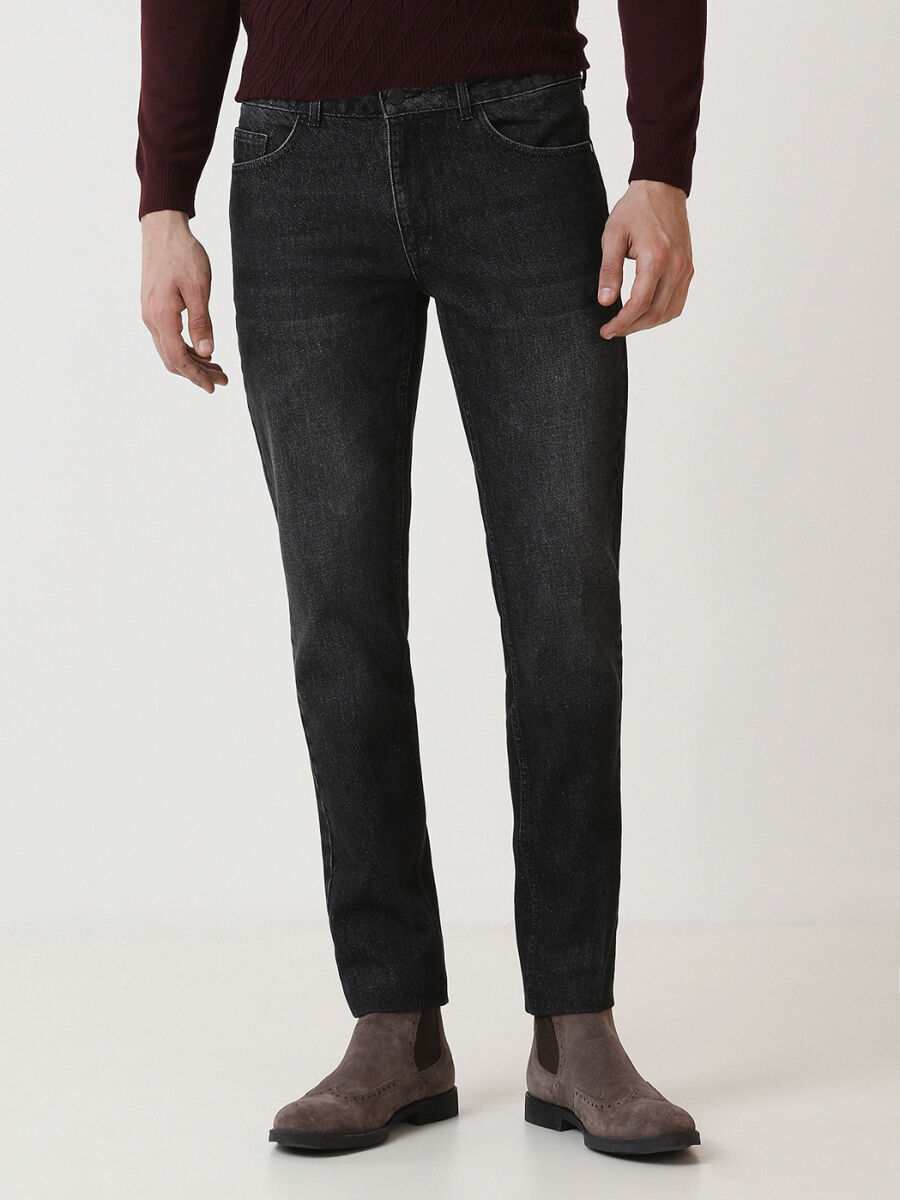 Black Slim Fit Denim Cotton Blended Trousers - 1