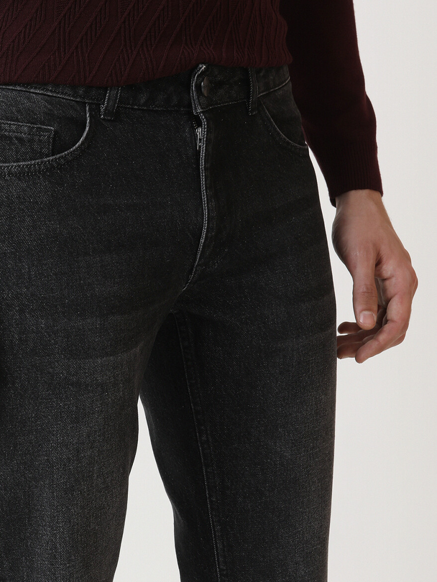Black Slim Fit Denim Cotton Blended Trousers - 3