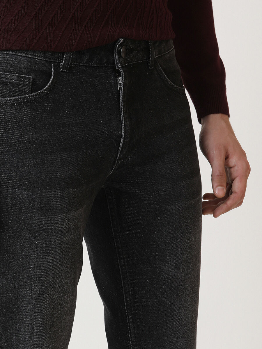 Black Slim Fit Denim Cotton Blended Trousers - 3
