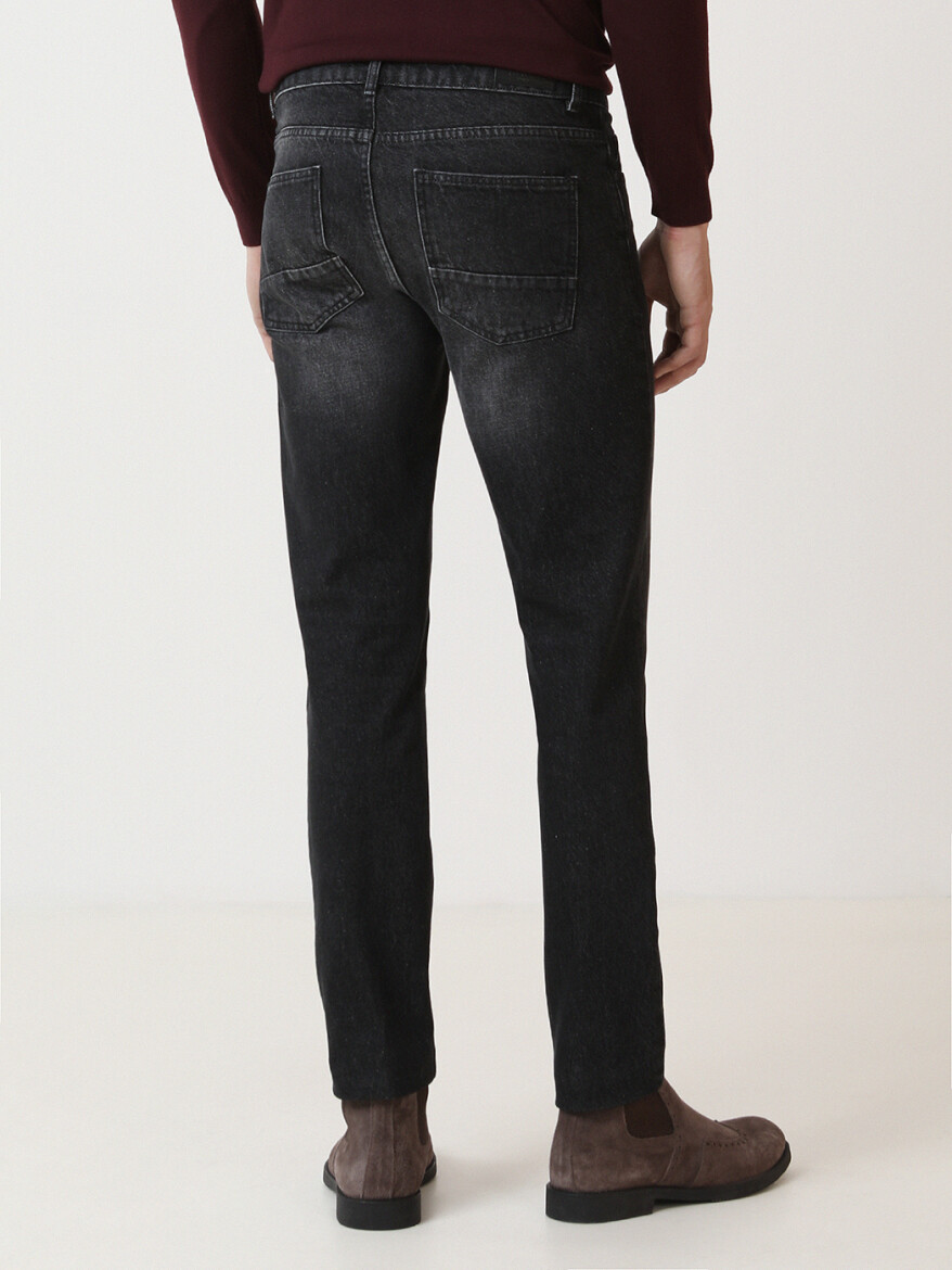 Black Slim Fit Denim Cotton Blended Trousers - 4