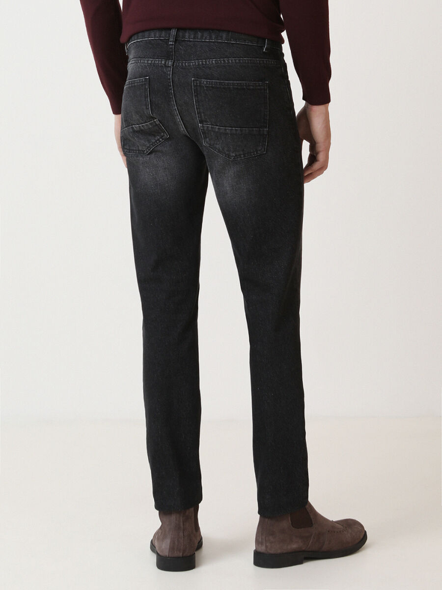 Black Slim Fit Denim Cotton Blended Trousers - 4