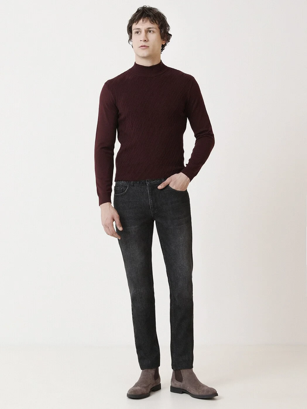 Black Slim Fit Denim Cotton Blended Trousers - 2