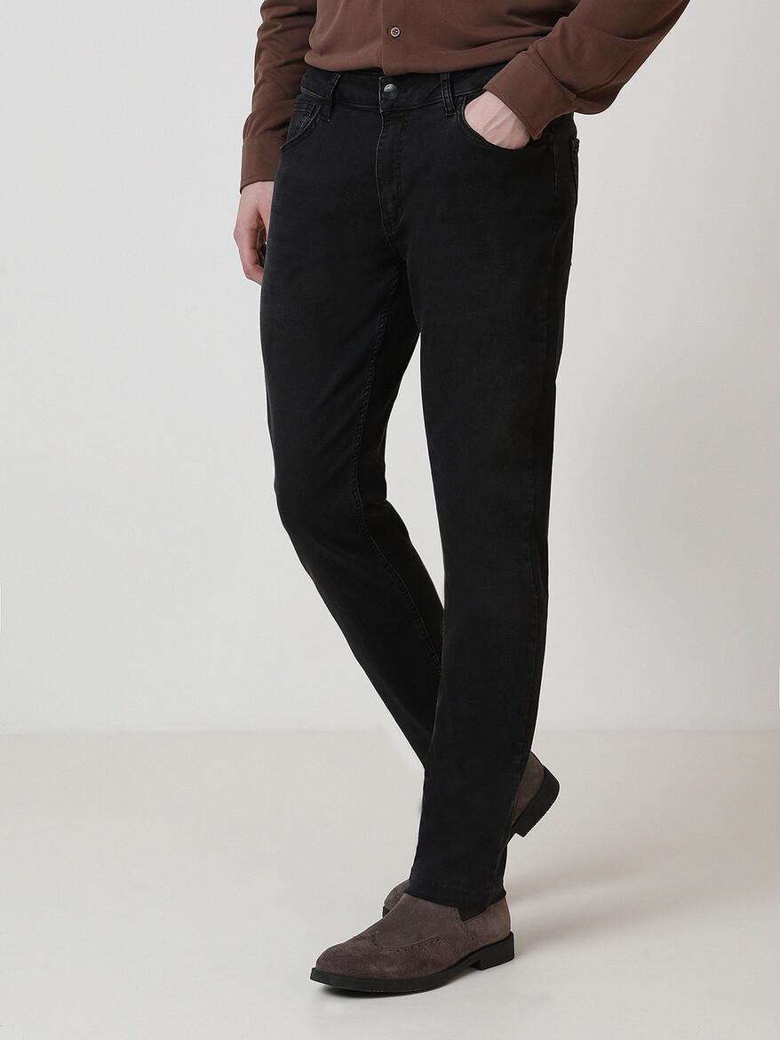Black Slim Fit Denim Cotton Blended Trousers - 1